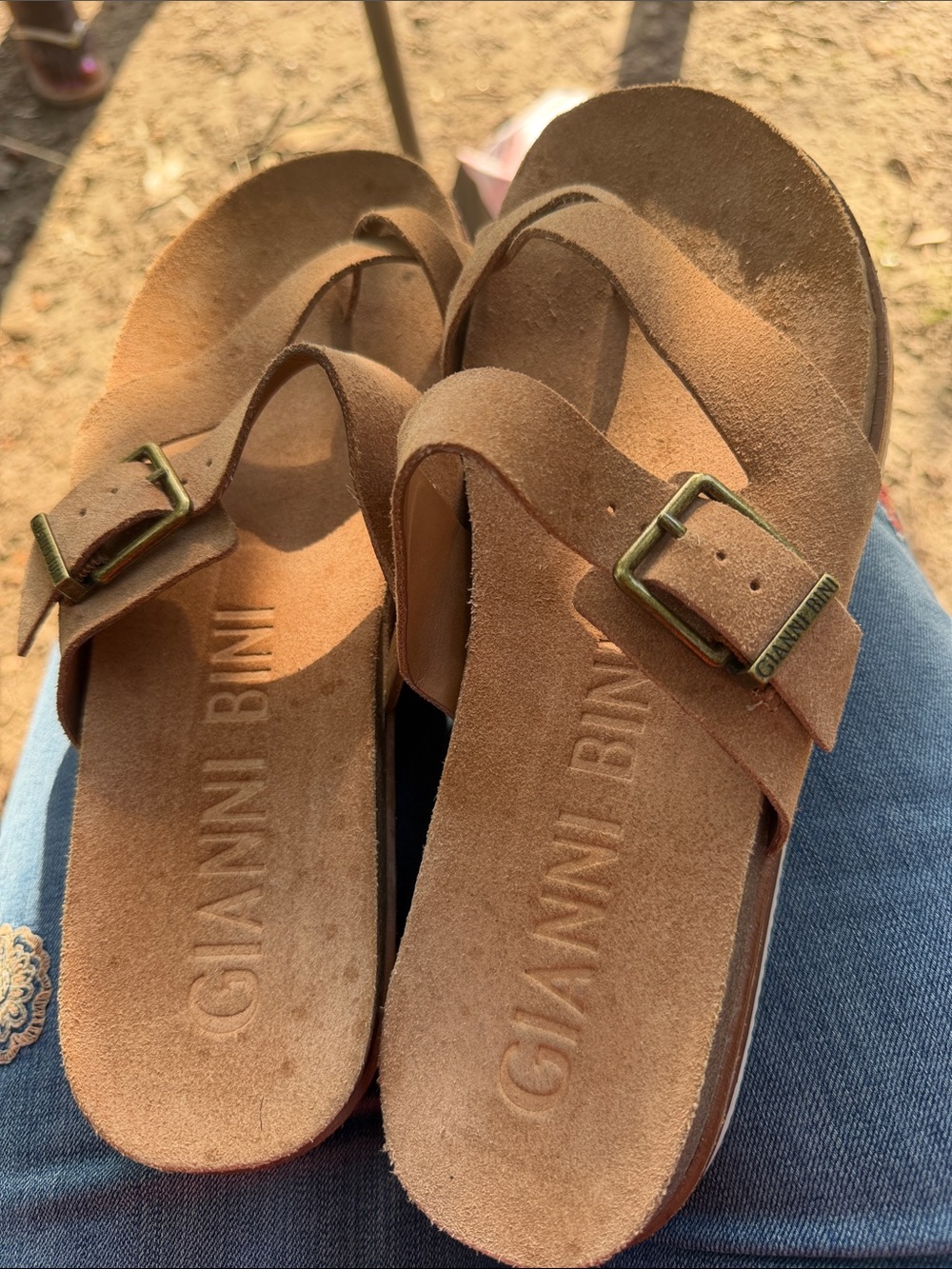Gianni Bini Brown Suede Buckle Slide Sandals - Women
